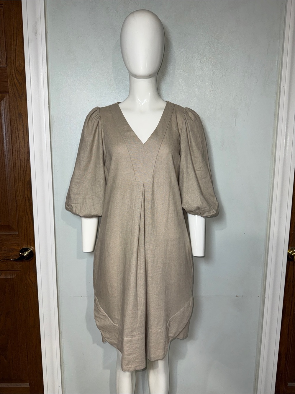 Anthropology FOR CYNTHIA Neutral Puff-Sleeve Linen Blend MIDI Dress Beige Sz XS